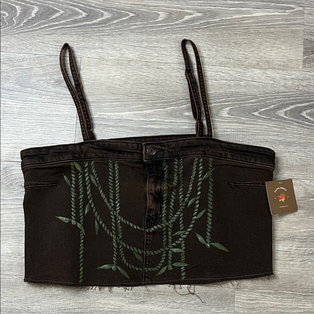 Brown Denim Crop Top with Ti Leaf Lei Design